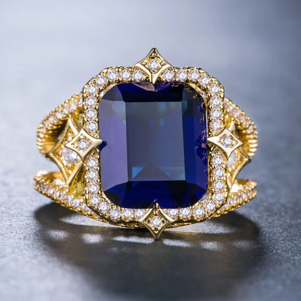 18K Gold Plated Luxury Stylish Blue CZ Wedding Ring, FB16FA1088